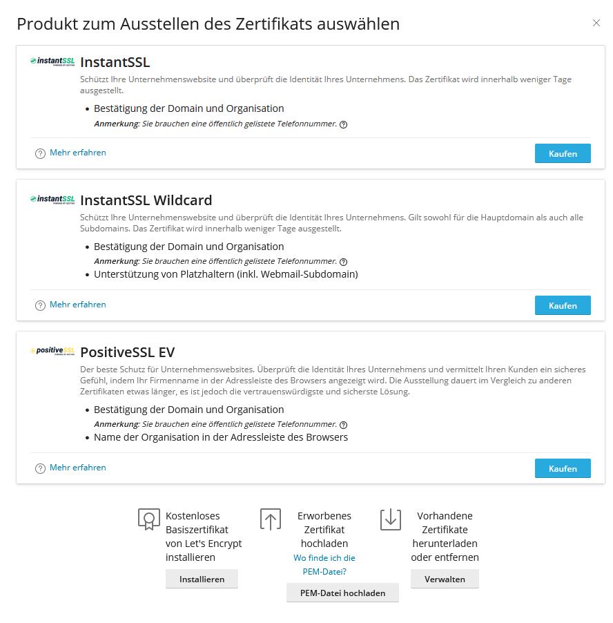 Ein neues SSL-Zertifikat auswählen