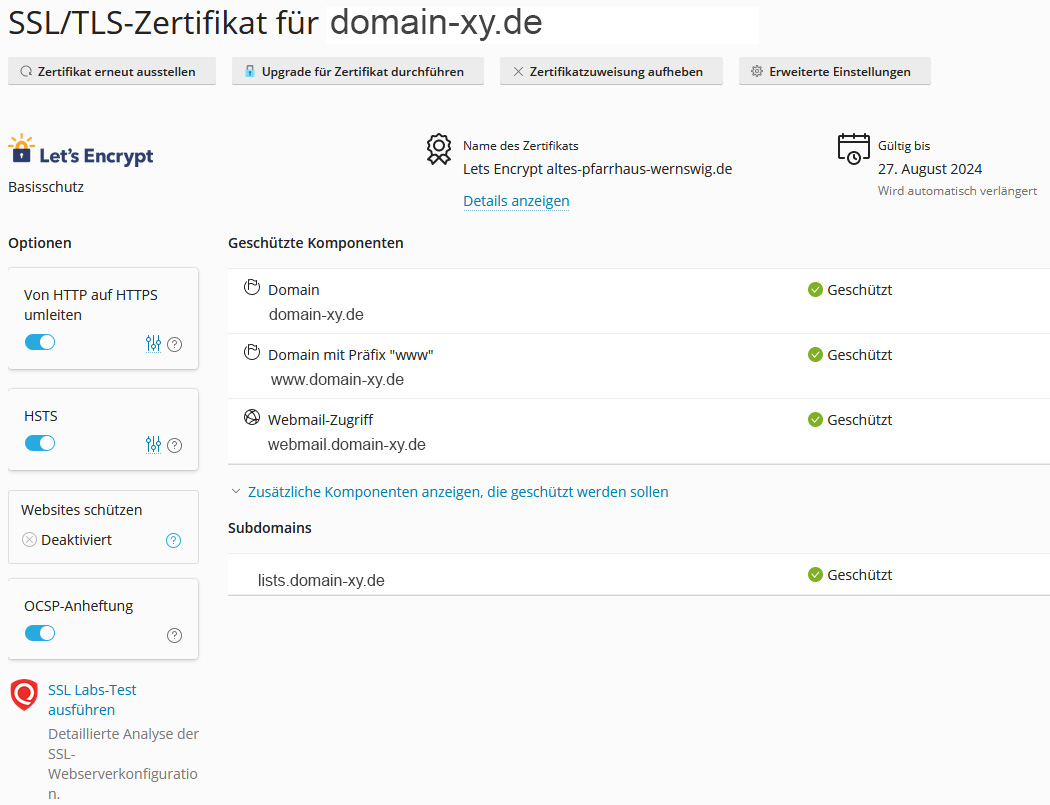 hosting ssl zertifikat - Einstellungen